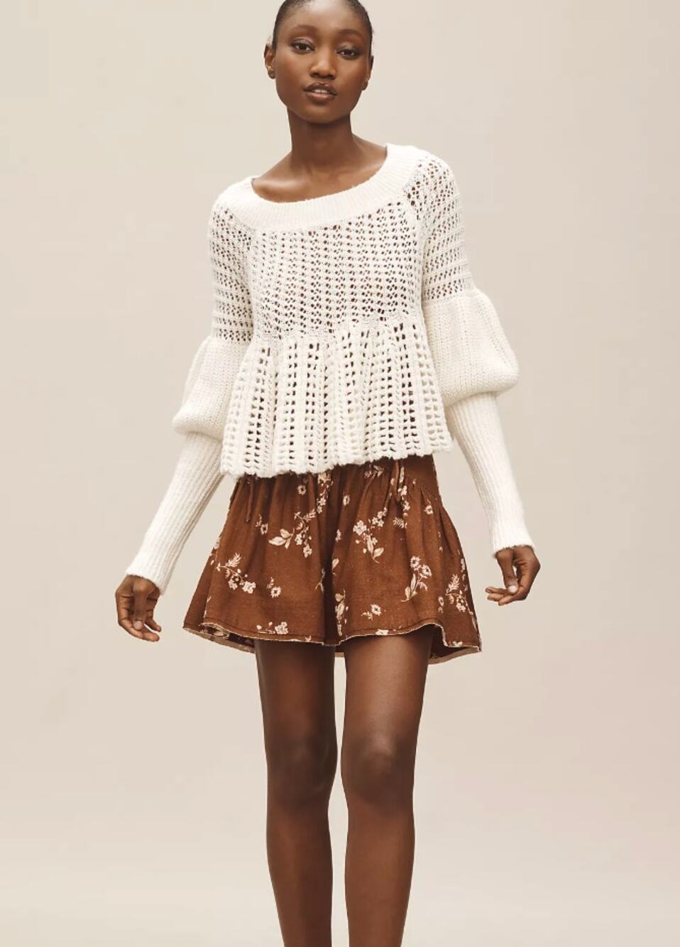 By Anthropologie Puff-Sleeve Crew-Neck Sweater Ivory Small